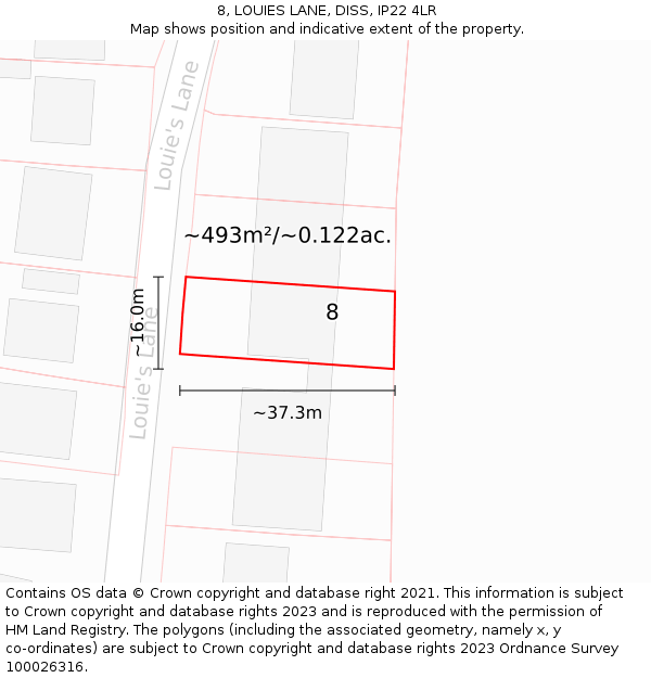 8, LOUIES LANE, DISS, IP22 4LR: Plot and title map