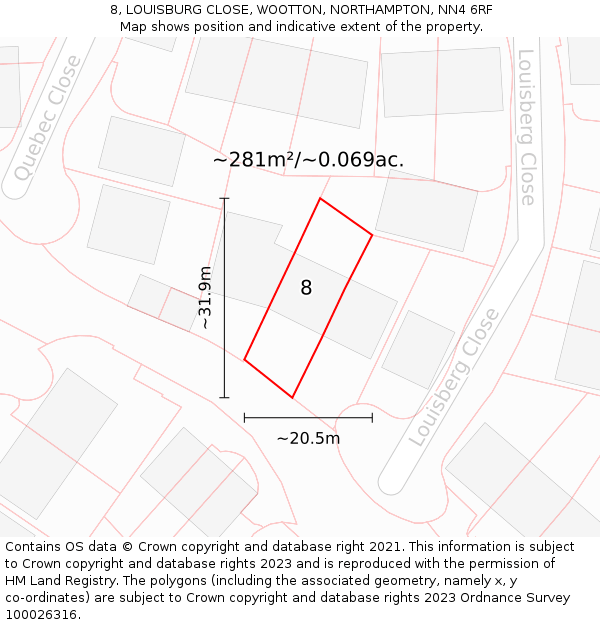 8, LOUISBURG CLOSE, WOOTTON, NORTHAMPTON, NN4 6RF: Plot and title map