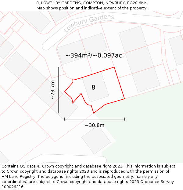 8, LOWBURY GARDENS, COMPTON, NEWBURY, RG20 6NN: Plot and title map