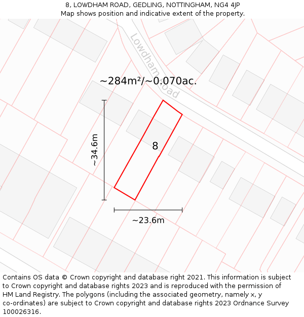 8, LOWDHAM ROAD, GEDLING, NOTTINGHAM, NG4 4JP: Plot and title map