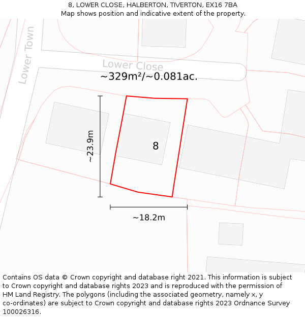 8, LOWER CLOSE, HALBERTON, TIVERTON, EX16 7BA: Plot and title map