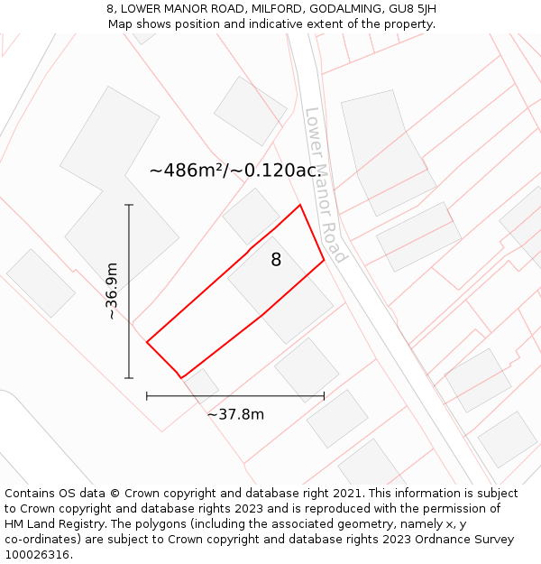 8, LOWER MANOR ROAD, MILFORD, GODALMING, GU8 5JH: Plot and title map