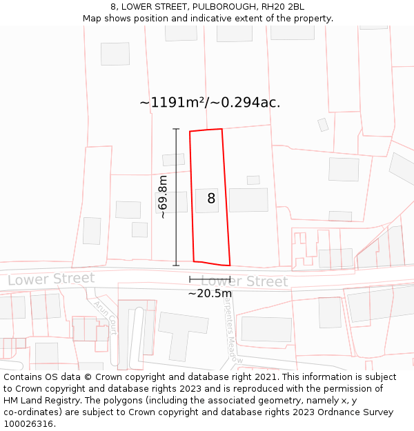 8, LOWER STREET, PULBOROUGH, RH20 2BL: Plot and title map