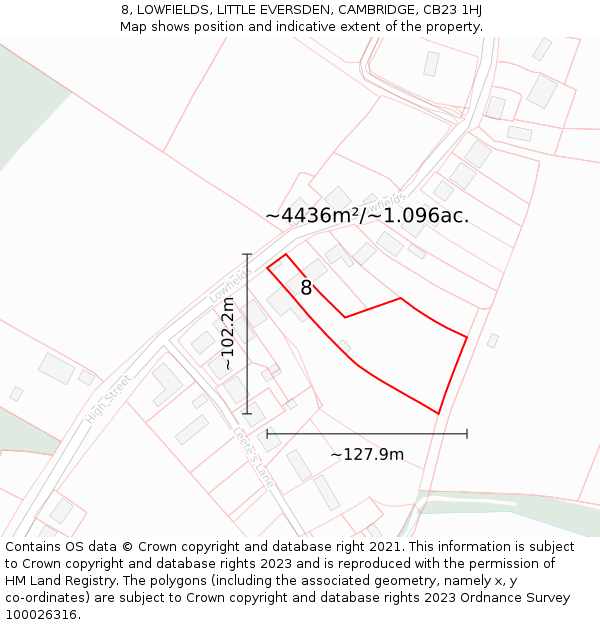 8, LOWFIELDS, LITTLE EVERSDEN, CAMBRIDGE, CB23 1HJ: Plot and title map