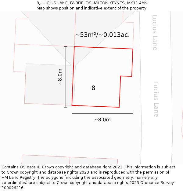 8, LUCIUS LANE, FAIRFIELDS, MILTON KEYNES, MK11 4AN: Plot and title map