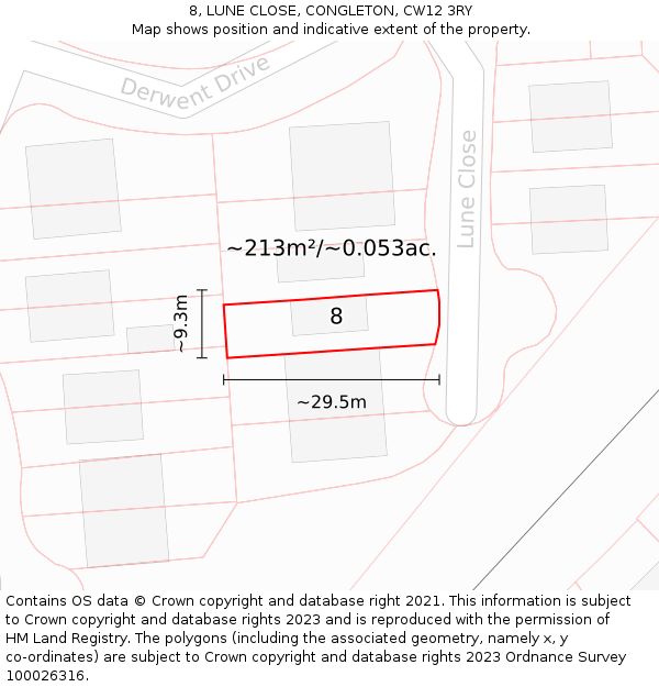 8, LUNE CLOSE, CONGLETON, CW12 3RY: Plot and title map