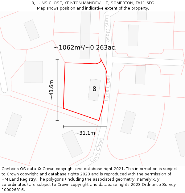 8, LUNS CLOSE, KEINTON MANDEVILLE, SOMERTON, TA11 6FG: Plot and title map