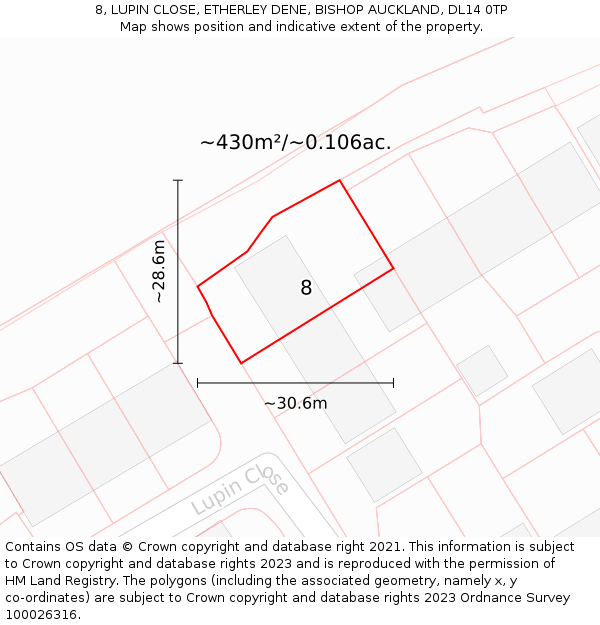 8, LUPIN CLOSE, ETHERLEY DENE, BISHOP AUCKLAND, DL14 0TP: Plot and title map