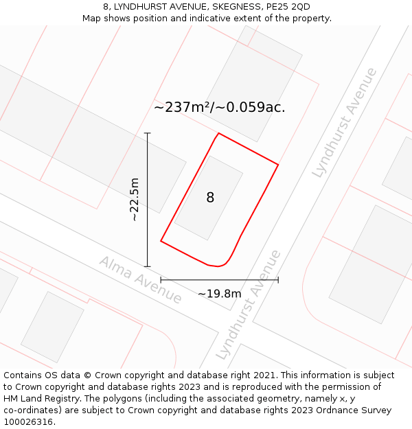 8, LYNDHURST AVENUE, SKEGNESS, PE25 2QD: Plot and title map
