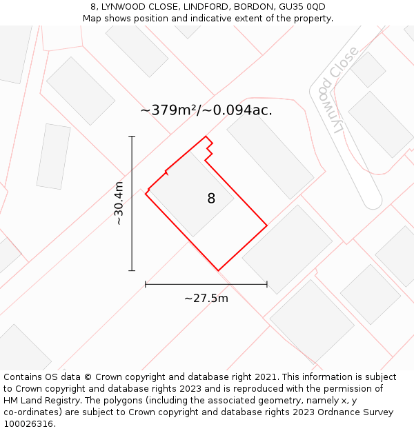 8, LYNWOOD CLOSE, LINDFORD, BORDON, GU35 0QD: Plot and title map
