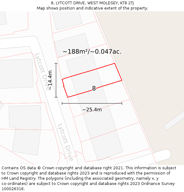 8, LYTCOTT DRIVE, WEST MOLESEY, KT8 2TJ: Plot and title map