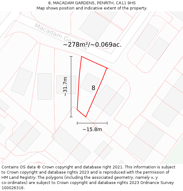 8, MACADAM GARDENS, PENRITH, CA11 9HS: Plot and title map