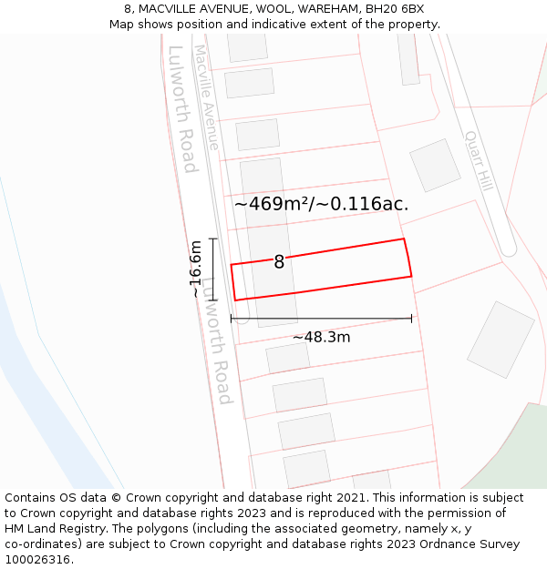 8, MACVILLE AVENUE, WOOL, WAREHAM, BH20 6BX: Plot and title map