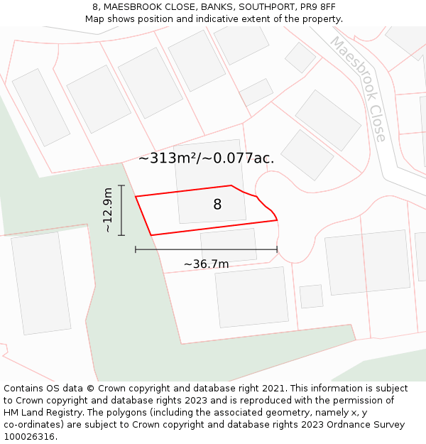 8, MAESBROOK CLOSE, BANKS, SOUTHPORT, PR9 8FF: Plot and title map