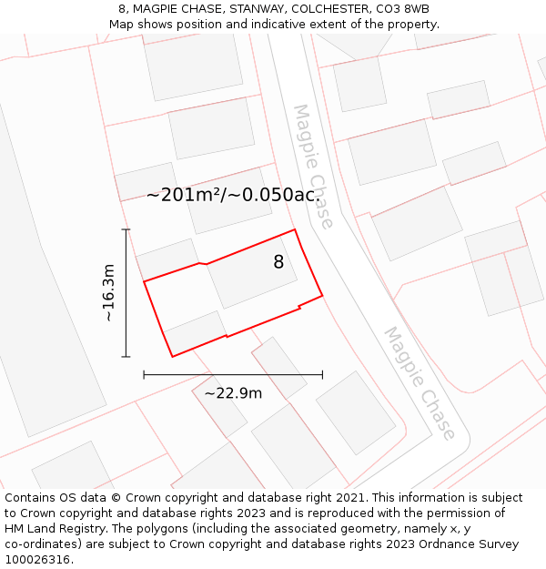 8, MAGPIE CHASE, STANWAY, COLCHESTER, CO3 8WB: Plot and title map