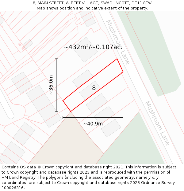 8, MAIN STREET, ALBERT VILLAGE, SWADLINCOTE, DE11 8EW: Plot and title map
