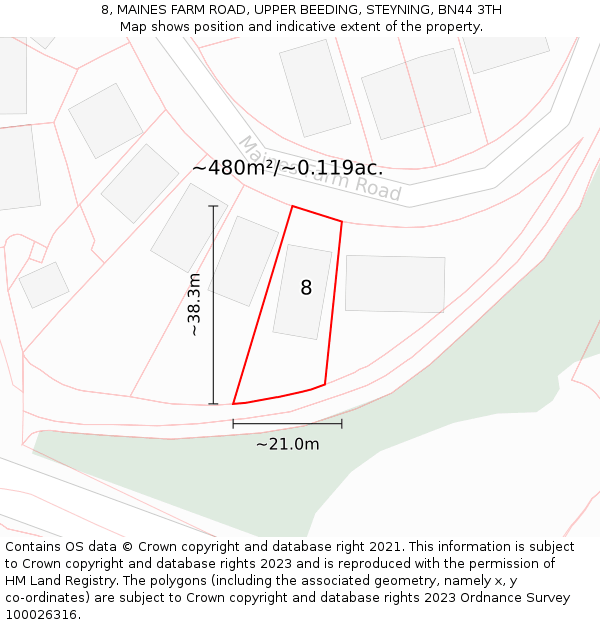 8, MAINES FARM ROAD, UPPER BEEDING, STEYNING, BN44 3TH: Plot and title map