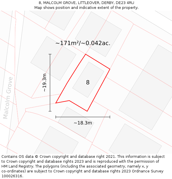 8, MALCOLM GROVE, LITTLEOVER, DERBY, DE23 4RU: Plot and title map