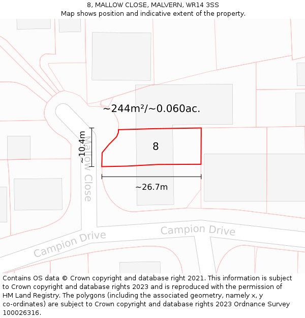 8, MALLOW CLOSE, MALVERN, WR14 3SS: Plot and title map