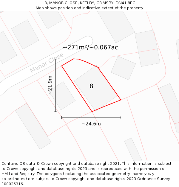 8, MANOR CLOSE, KEELBY, GRIMSBY, DN41 8EG: Plot and title map