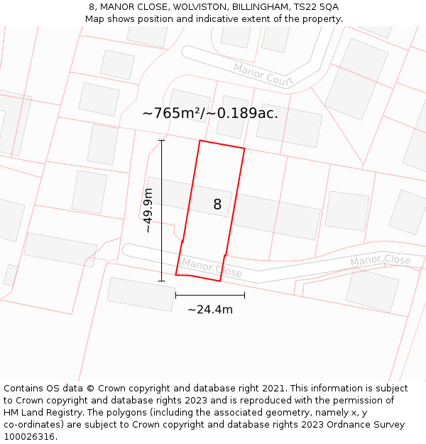 8, MANOR CLOSE, WOLVISTON, BILLINGHAM, TS22 5QA: Plot and title map