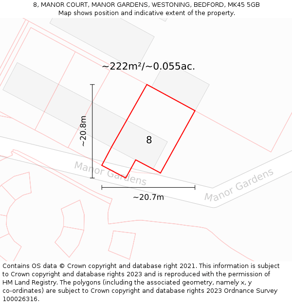 8, MANOR COURT, MANOR GARDENS, WESTONING, BEDFORD, MK45 5GB: Plot and title map