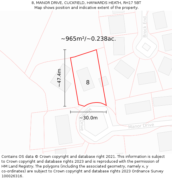 8, MANOR DRIVE, CUCKFIELD, HAYWARDS HEATH, RH17 5BT: Plot and title map