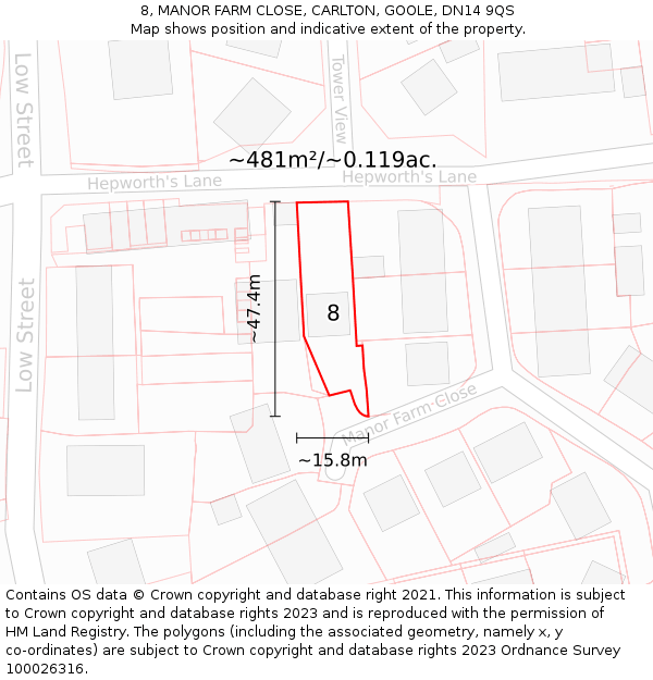 8, MANOR FARM CLOSE, CARLTON, GOOLE, DN14 9QS: Plot and title map