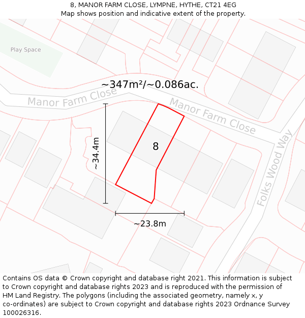 8, MANOR FARM CLOSE, LYMPNE, HYTHE, CT21 4EG: Plot and title map