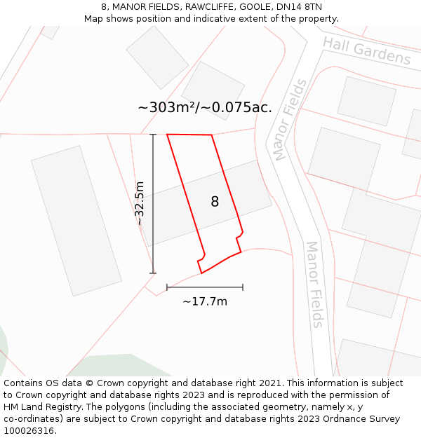 8, MANOR FIELDS, RAWCLIFFE, GOOLE, DN14 8TN: Plot and title map