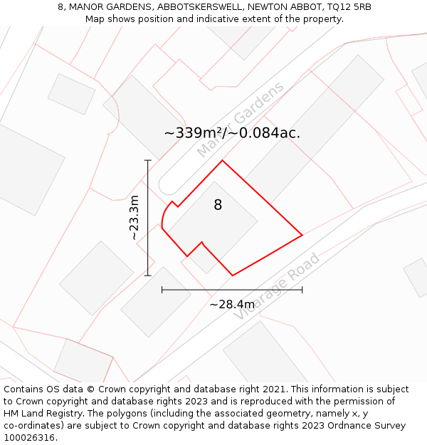 8, MANOR GARDENS, ABBOTSKERSWELL, NEWTON ABBOT, TQ12 5RB: Plot and title map