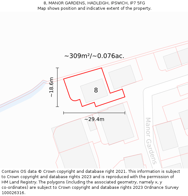 8, MANOR GARDENS, HADLEIGH, IPSWICH, IP7 5FG: Plot and title map
