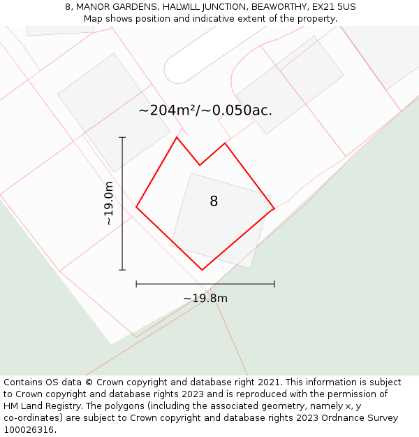 8, MANOR GARDENS, HALWILL JUNCTION, BEAWORTHY, EX21 5US: Plot and title map