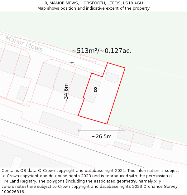 8, MANOR MEWS, HORSFORTH, LEEDS, LS18 4GU: Plot and title map