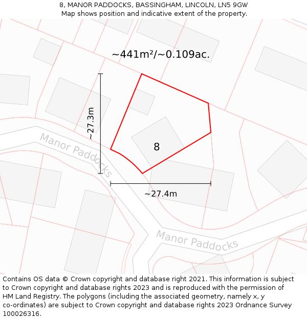 8, MANOR PADDOCKS, BASSINGHAM, LINCOLN, LN5 9GW: Plot and title map