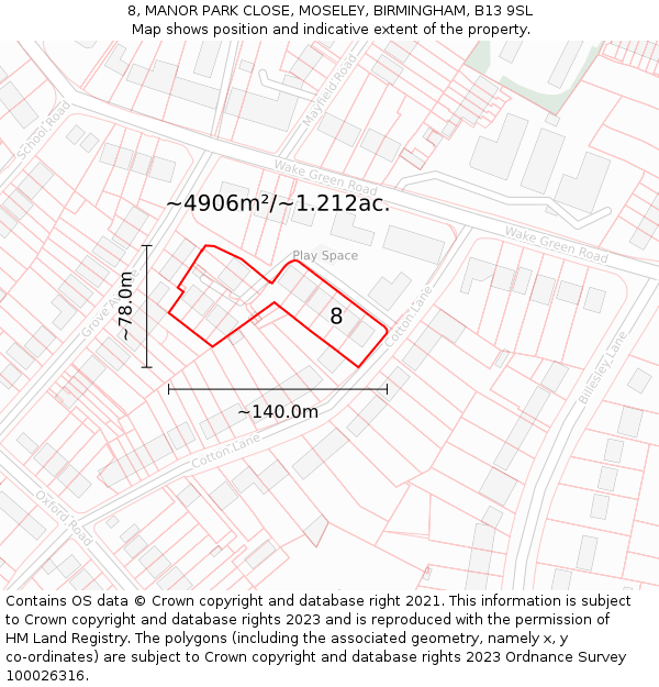 8, MANOR PARK CLOSE, MOSELEY, BIRMINGHAM, B13 9SL: Plot and title map