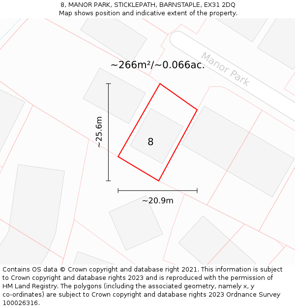 8, MANOR PARK, STICKLEPATH, BARNSTAPLE, EX31 2DQ: Plot and title map