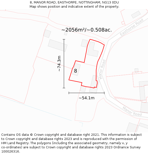 8, MANOR ROAD, EASTHORPE, NOTTINGHAM, NG13 0DU: Plot and title map