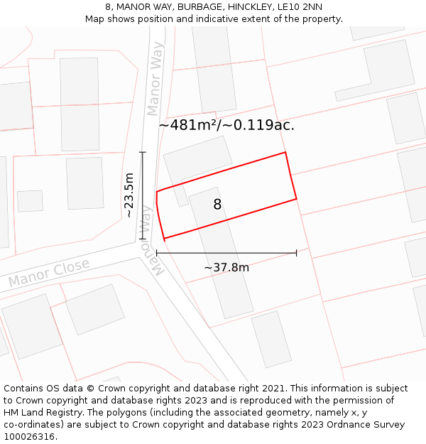 8, MANOR WAY, BURBAGE, HINCKLEY, LE10 2NN: Plot and title map