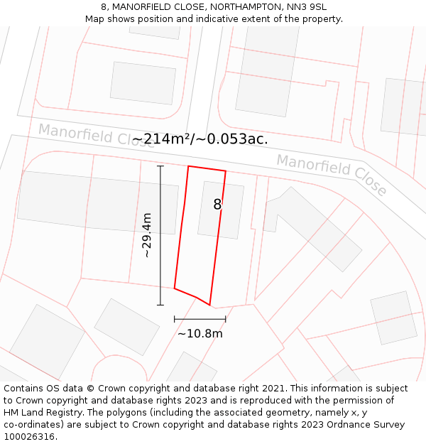 8, MANORFIELD CLOSE, NORTHAMPTON, NN3 9SL: Plot and title map