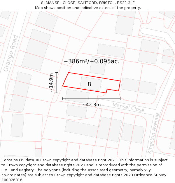 8, MANSEL CLOSE, SALTFORD, BRISTOL, BS31 3LE: Plot and title map