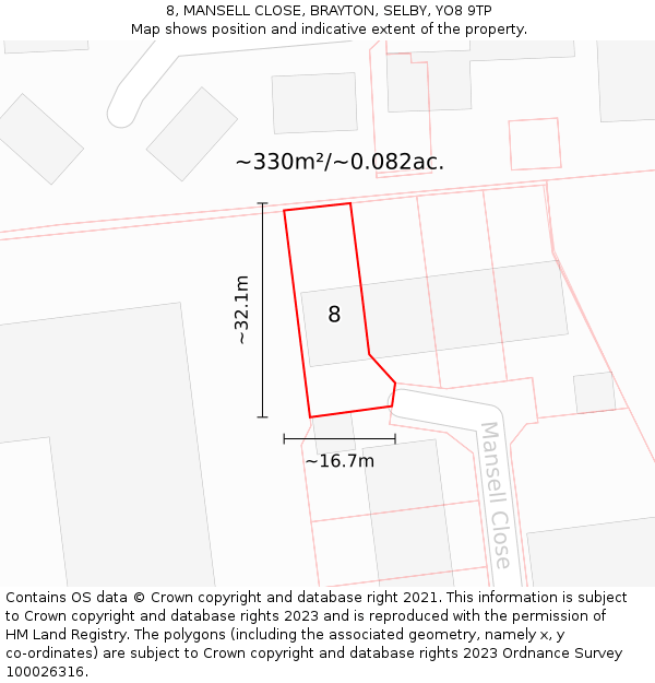 8, MANSELL CLOSE, BRAYTON, SELBY, YO8 9TP: Plot and title map
