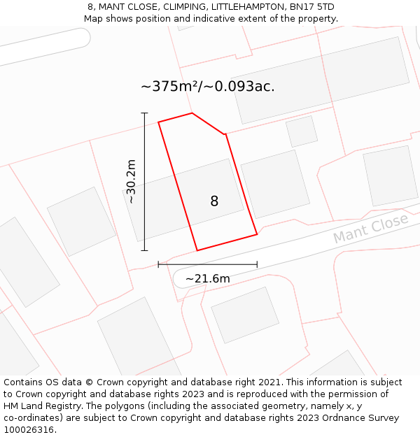 8, MANT CLOSE, CLIMPING, LITTLEHAMPTON, BN17 5TD: Plot and title map
