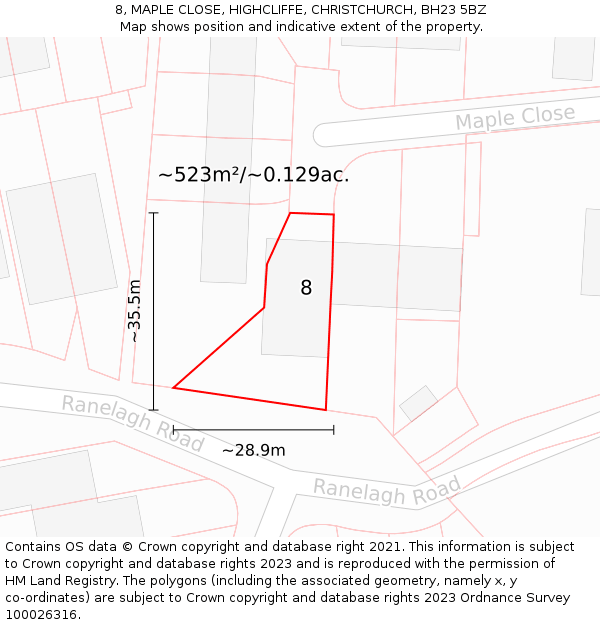 8, MAPLE CLOSE, HIGHCLIFFE, CHRISTCHURCH, BH23 5BZ: Plot and title map