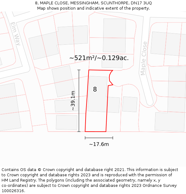 8, MAPLE CLOSE, MESSINGHAM, SCUNTHORPE, DN17 3UQ: Plot and title map