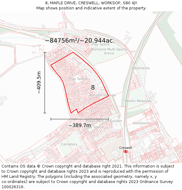 8, MAPLE DRIVE, CRESWELL, WORKSOP, S80 4JY: Plot and title map