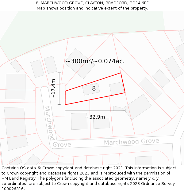 8, MARCHWOOD GROVE, CLAYTON, BRADFORD, BD14 6EF: Plot and title map