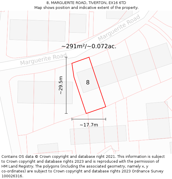 8, MARGUERITE ROAD, TIVERTON, EX16 6TD: Plot and title map