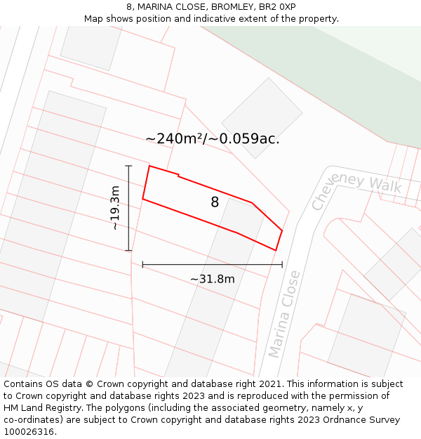 8, MARINA CLOSE, BROMLEY, BR2 0XP: Plot and title map