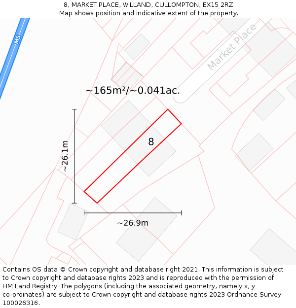 8, MARKET PLACE, WILLAND, CULLOMPTON, EX15 2RZ: Plot and title map
